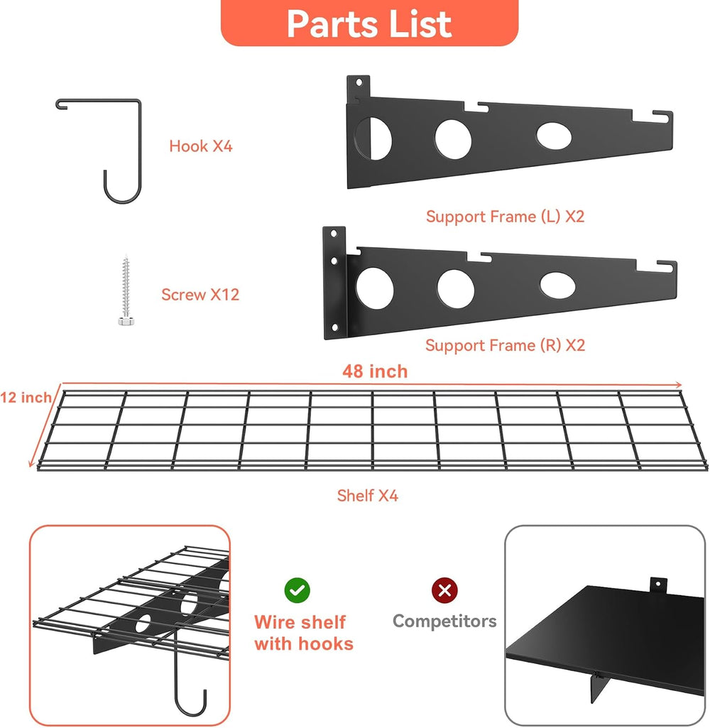 TORACK Garage 24 x 48 in/2 x 4 ft Wall Shelves, Heavy Duty Wall Mounted Wire ...