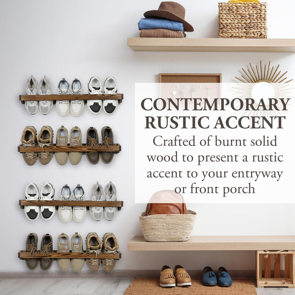 MyGift 30 Inch Rustic Burnt Wood Wall Shoe Rack Set of 4 Holds 12 Pairs