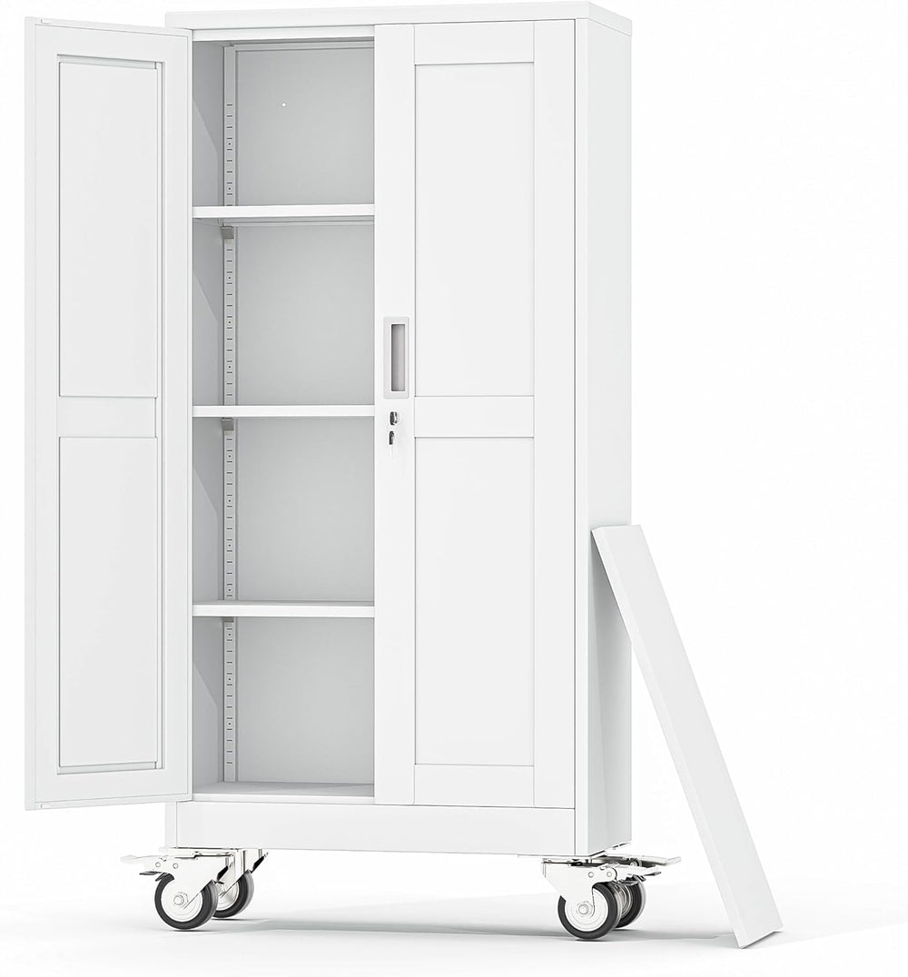 Metal Garage Storage Cabinet, 61”Tall Rolling Utility Cabinet White