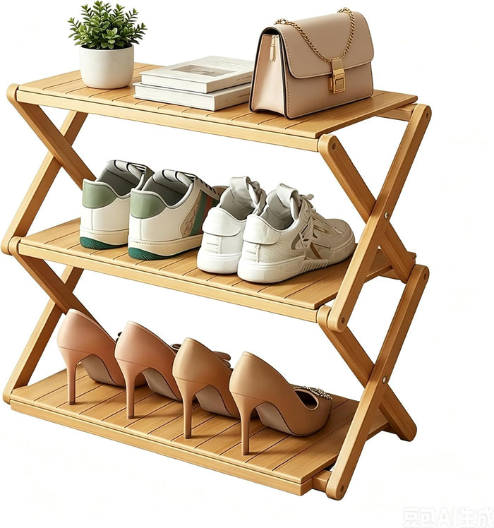 3 Tier Foldable Shoe Rack, No-Assembly Bamboo Shoe Organizer Multifunctional Shoe Shelf for Small Space,Entryway,Closet, Balcony, Hallway, Kitchen(Natural)