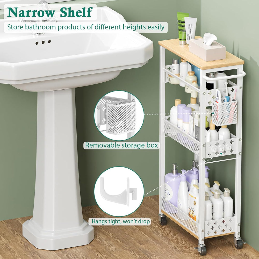 XYZLVSI Slim Rolling Storage Cart, 4 Tier Narrow Shelf for Small Spaces