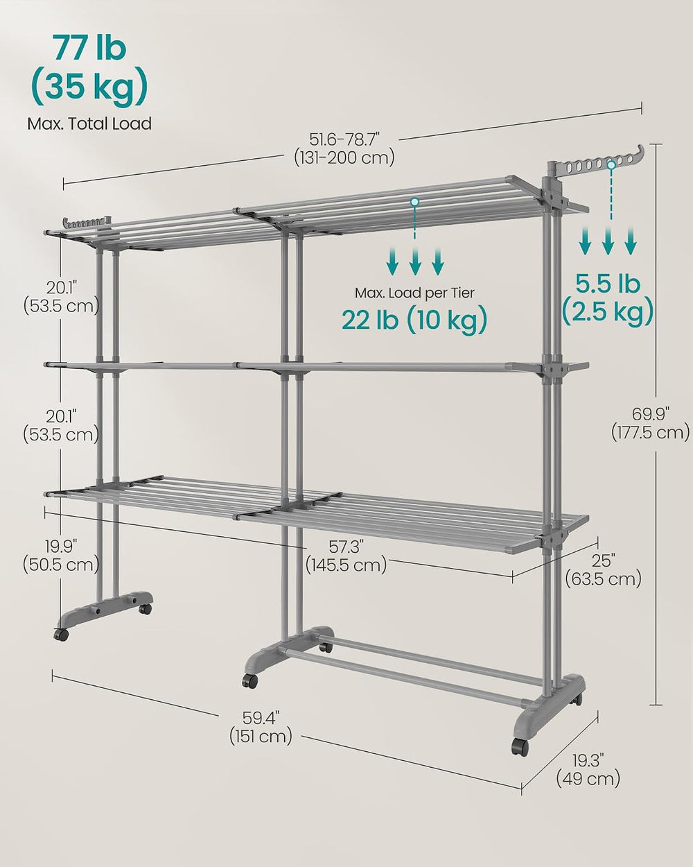 SONGMICS 4-Tier Clothes Drying Rack, Foldable, Rolling, 69.9-Inch Tall