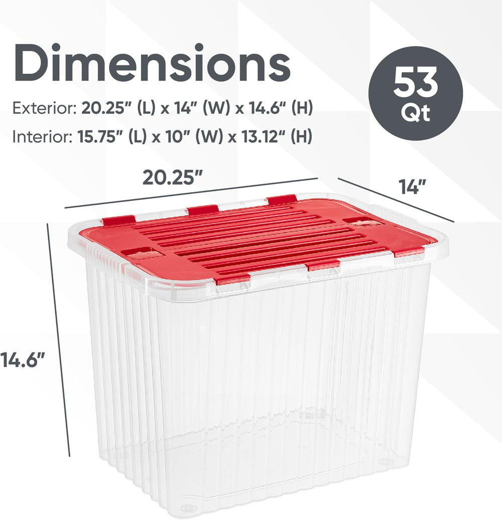 Superio Red Storage Box with Red Hinged Lids, 2 Pack Plastic Container Bins f...