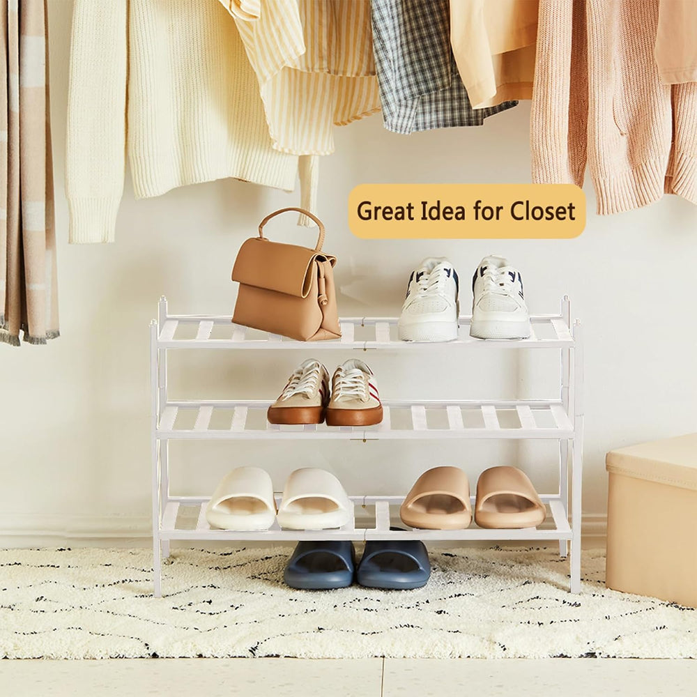 Bamboo Shoe Rack for Closet Entryway 3 Tier Stackable Shoe Storage Small Shoe...