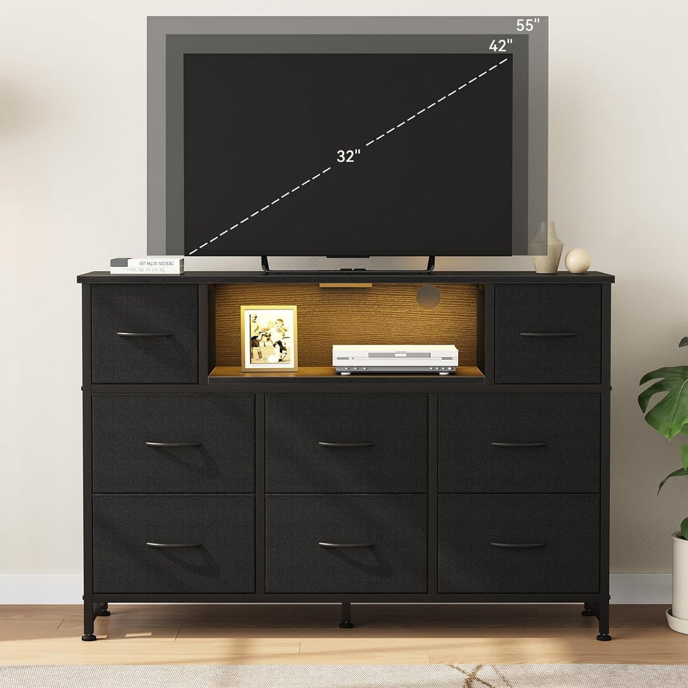 DUMOS LED TV Stand Entertainment Center, Dresser with 8 Fabric Drawers