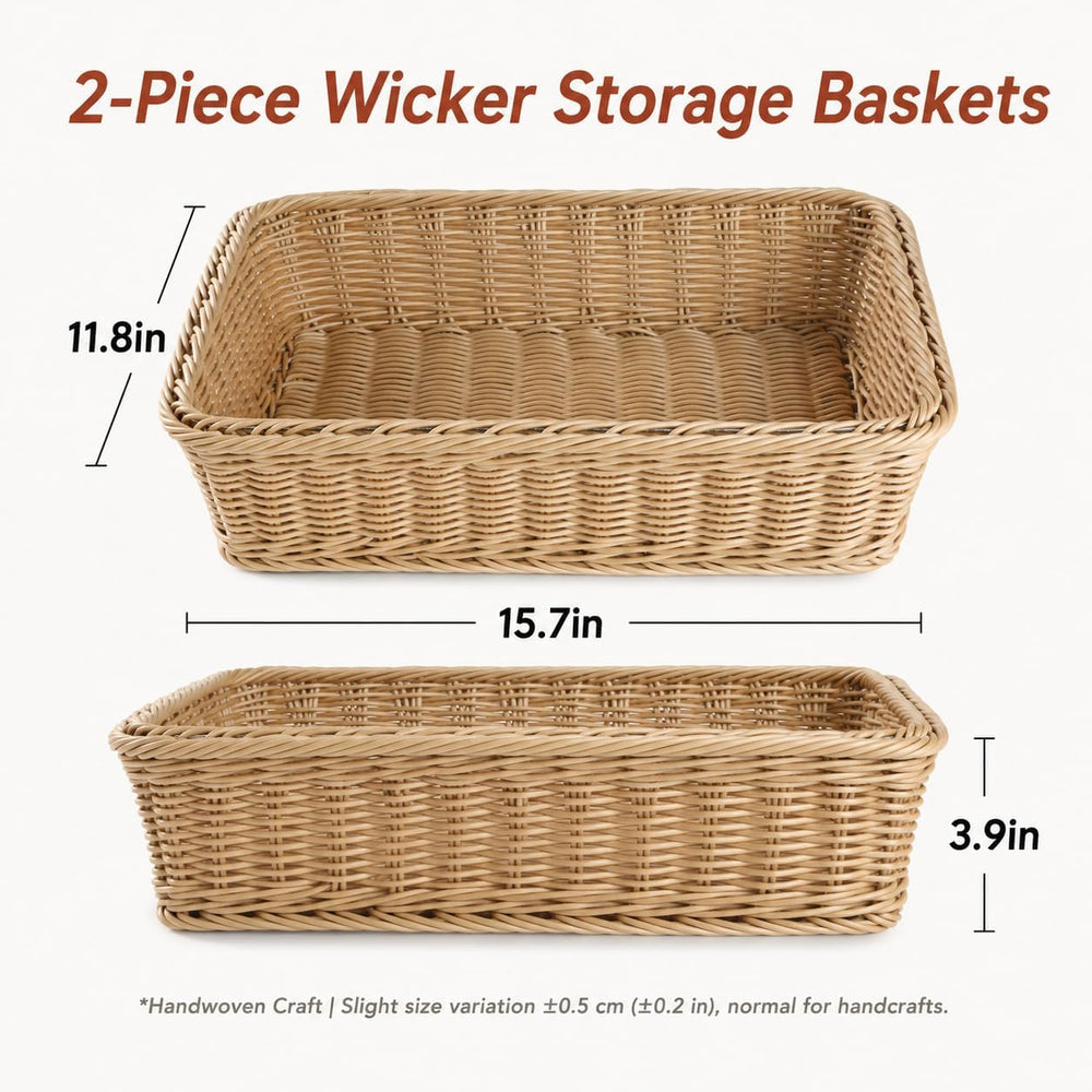 2 Pack Wicker Storage Baskets, 15.7 x 11.8 in Rectangular Faux Rattan Trays