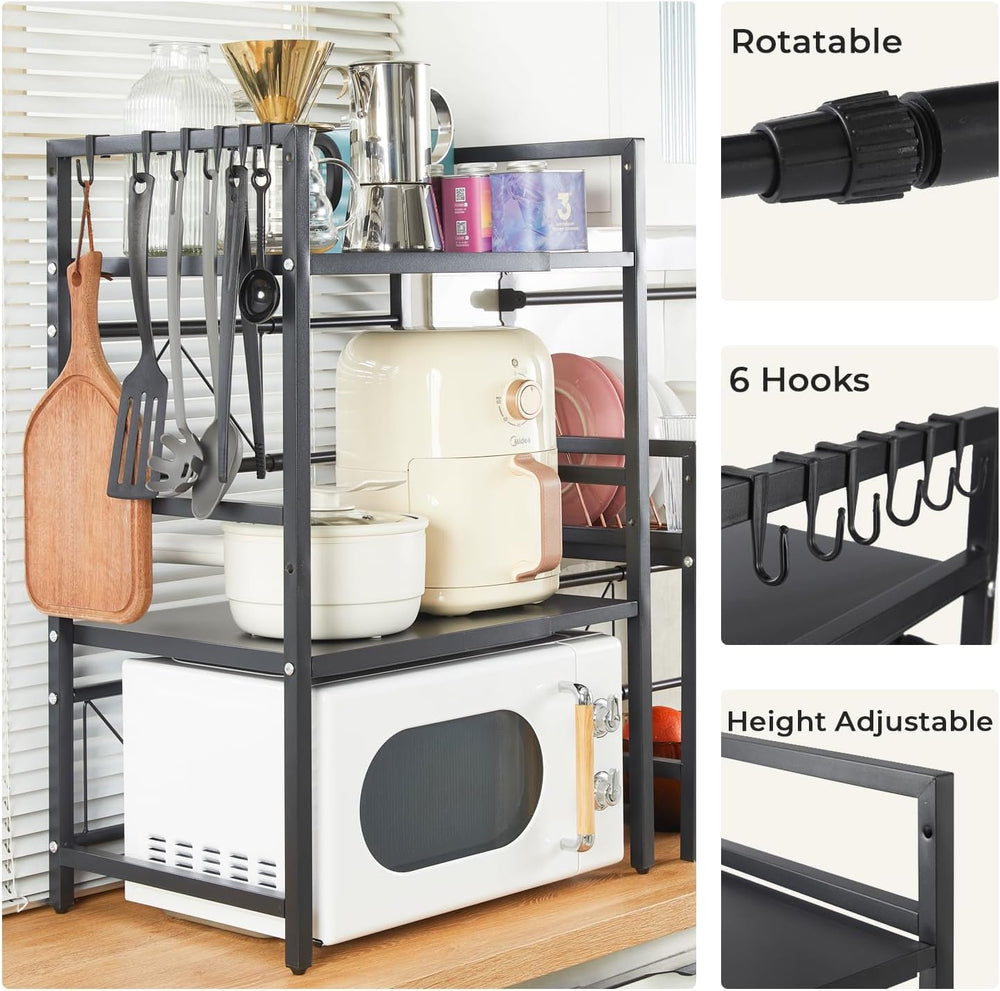 Expandable 3-Tier Microwave Rack with 6 Hooks, Adjustable Storage Shelf