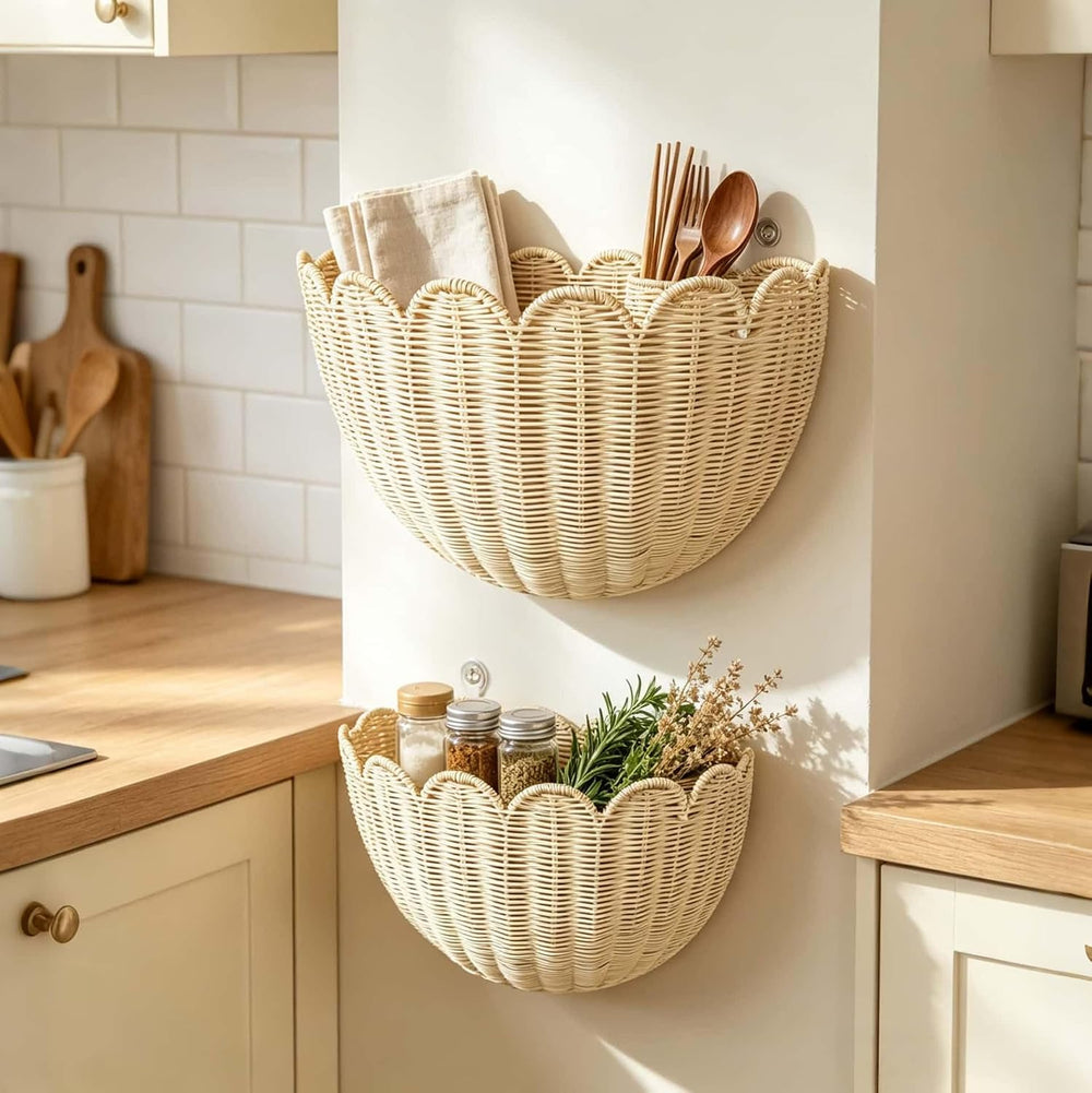 Scalloped Wall Basket Set of 2,Boho Hanging Wicker Wall Baskets