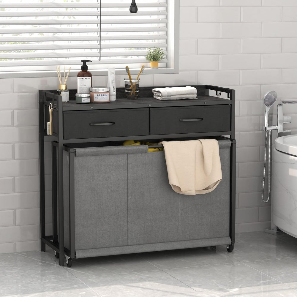 STIKELY Laundry Hamper Laundry Basket with 3 Section Pull-Out Rolling Bags, L...