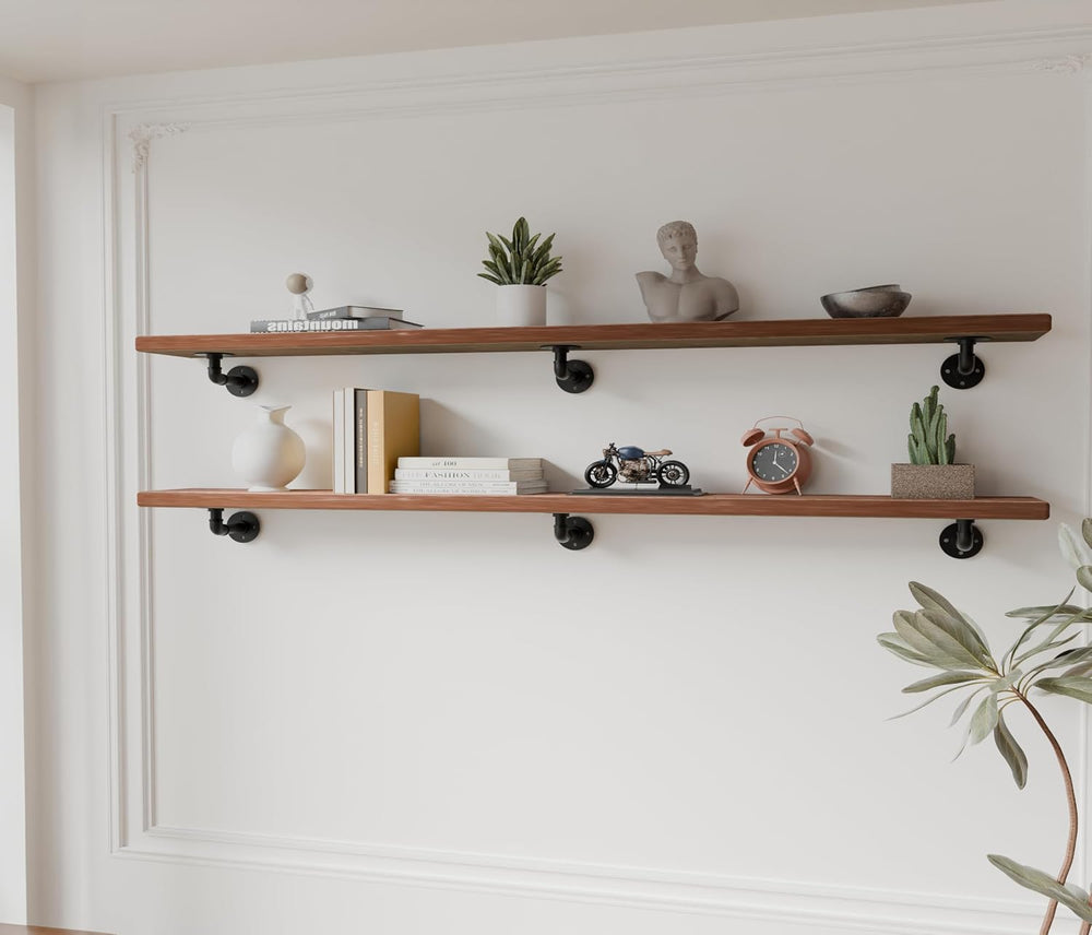 IEO Industrial Pipe Shelving 72 Inch, 2-Tier Brown Wall Mounted Shelves