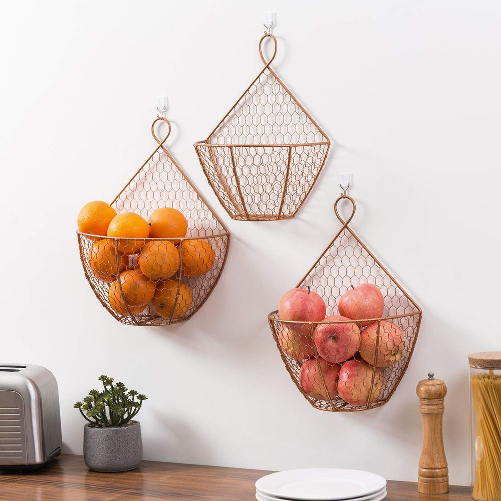 MyGift Set of 3, Farmhouse Copper Metal Wire Mesh Wall Hanging Baskets, Wall-...