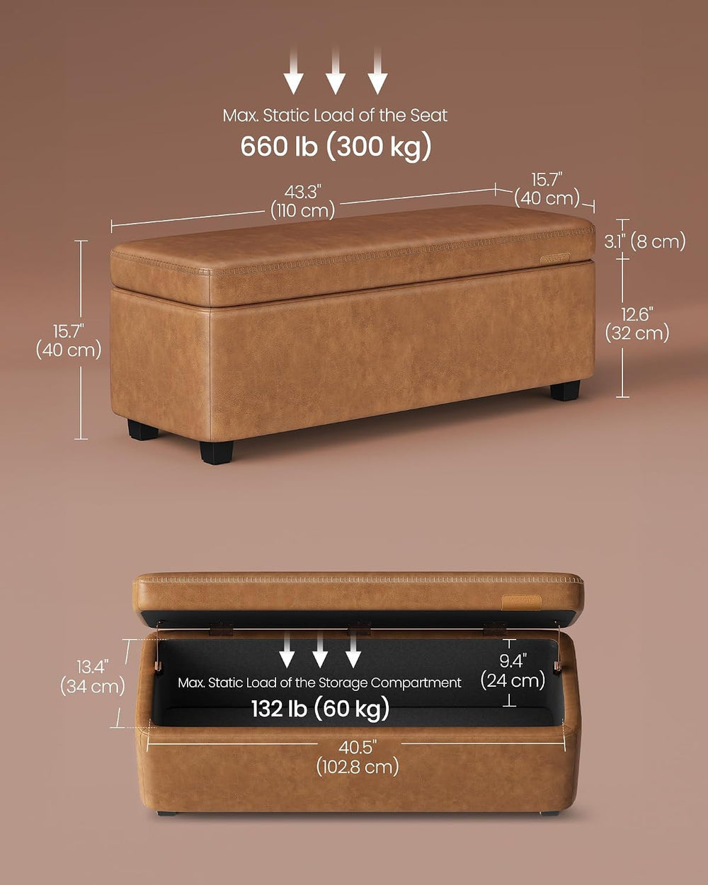 VASAGLE Storage Ottoman Bench with Stitching, PU Leather, Entryway Bedroom