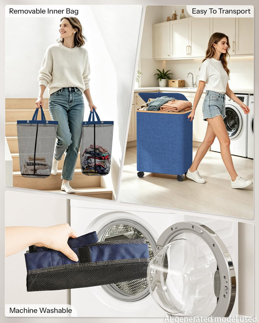Double Laundry Basket with Wheels and Lid, 150L Clothes Hampers for Laundry