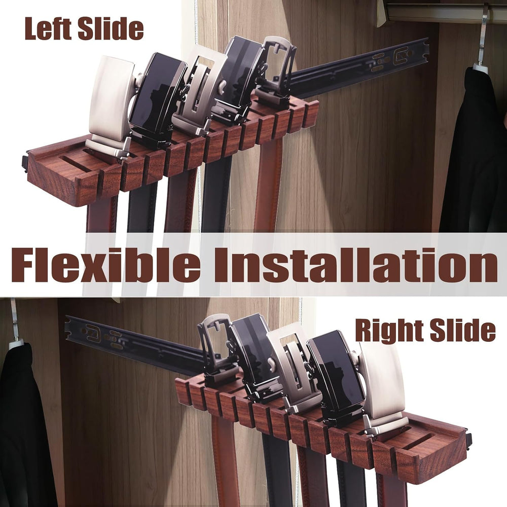 12 Belts Walnut Wood Belt Holder with Slide