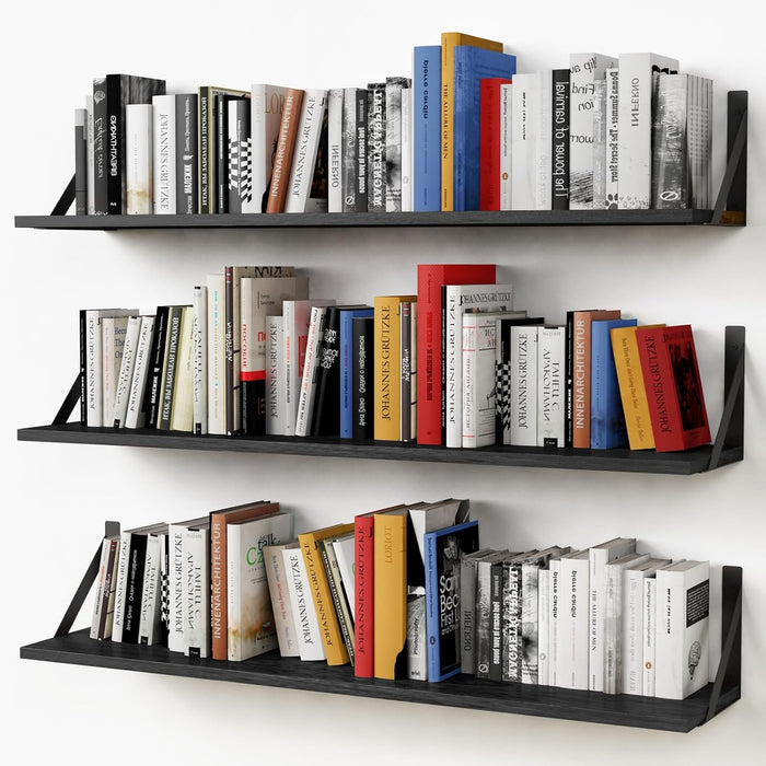 Forbena Floating Shelves 36 Inches Long 8 in Deep Set of 3, Large Wall Shelf for Bedroom Books, Heavy Duty Wide Wall Shelving for Living Room Office Kitchen Closet Organizers and Storage (Black)