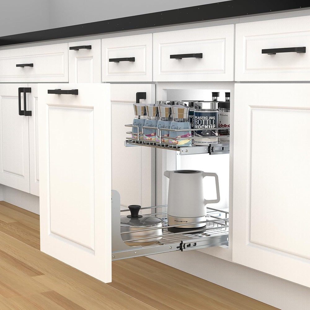 2 Tier Pull Out Cabinet Organizer, 17" W x 21" D Heavy-Duty Metal S...
