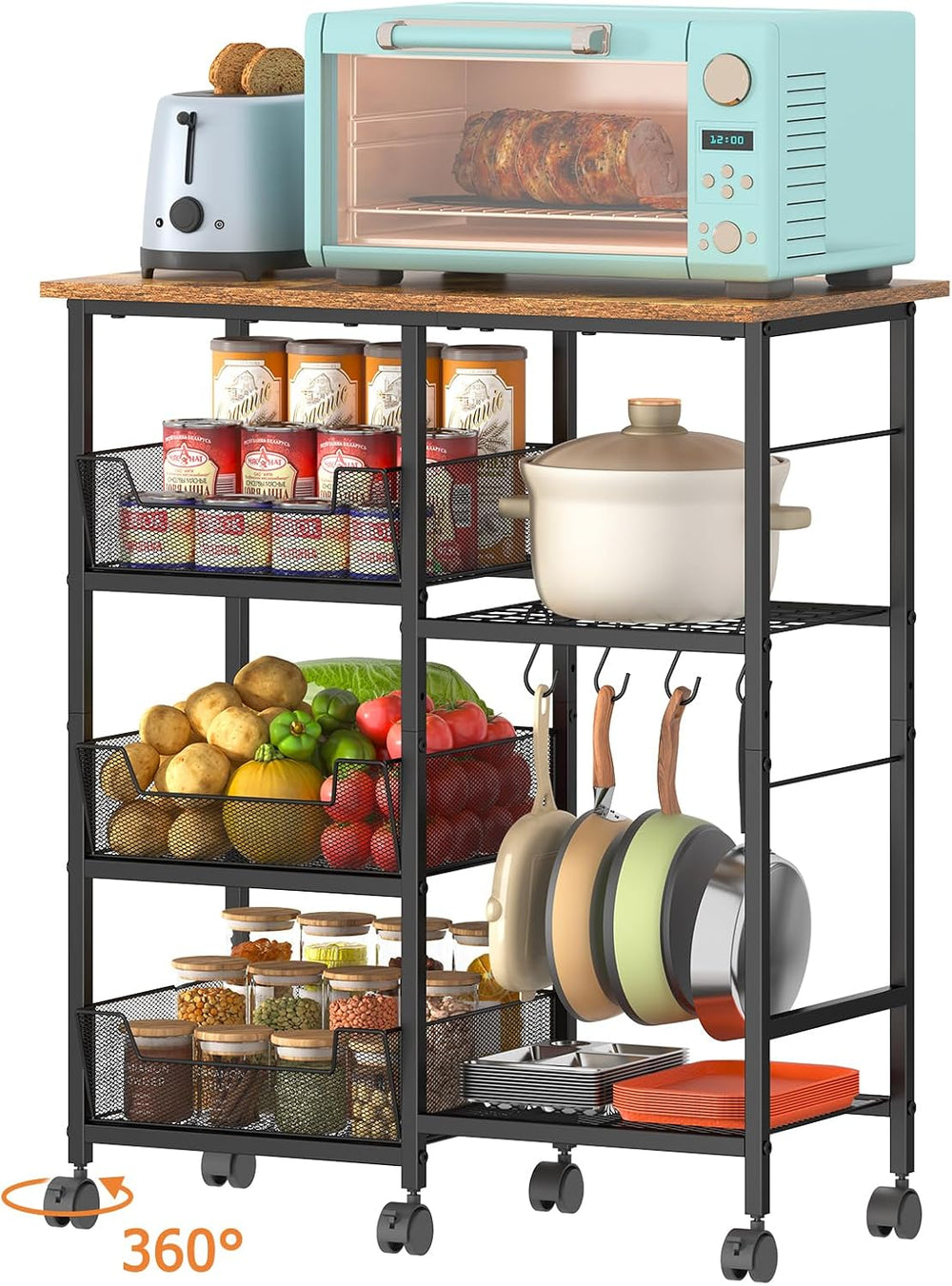 Rolling Kitchen Microwave Organizer Cart, Adjustable Shelves, Black