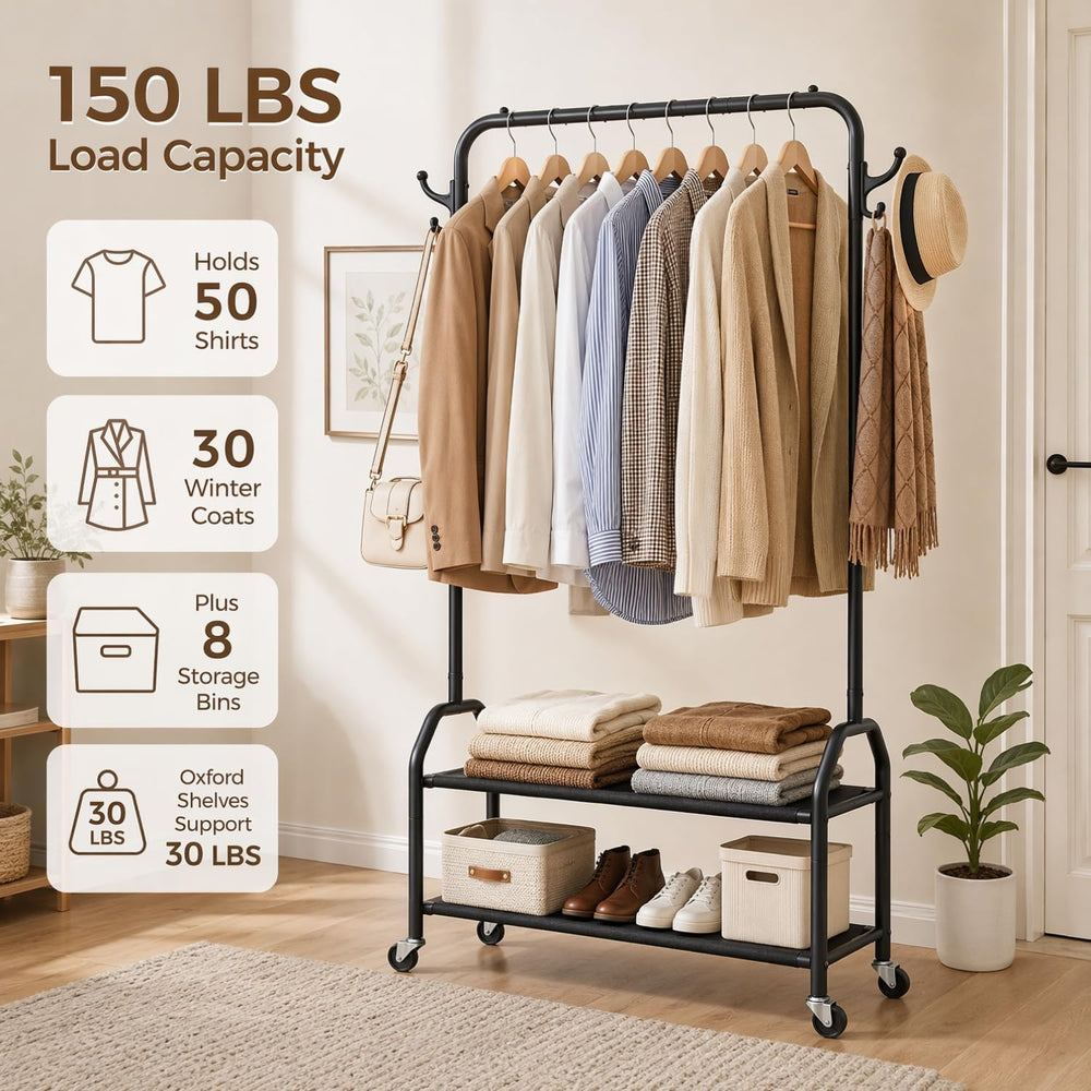Clothes Rack with 2 Tier Shelves, Rolling Garment Rack