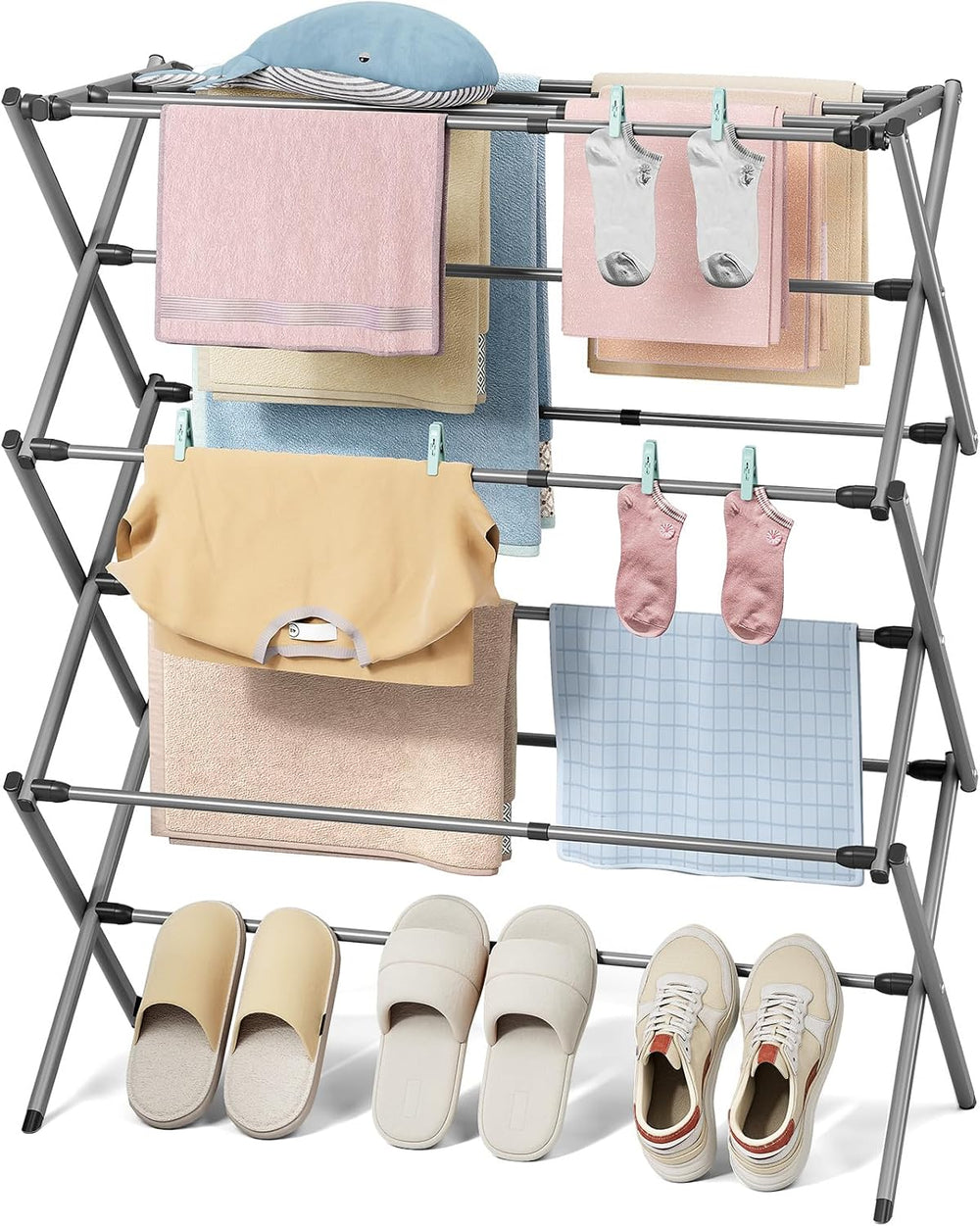 KINGBOARD Clothes Drying Rack, 3-Tier Foldable Extendable, Grey