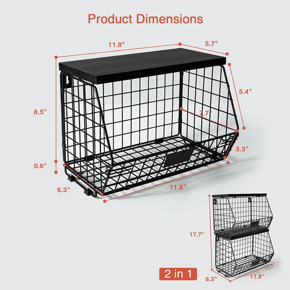 Goozii Black Kitchen Wall Hanging Storage Basket Set of 2, Rustic Stackable K...