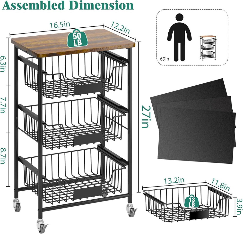 CHLORYARD 4-Tier Vegetable Fruit Basket Kitchen Storage Rolling Cart on Wheel...