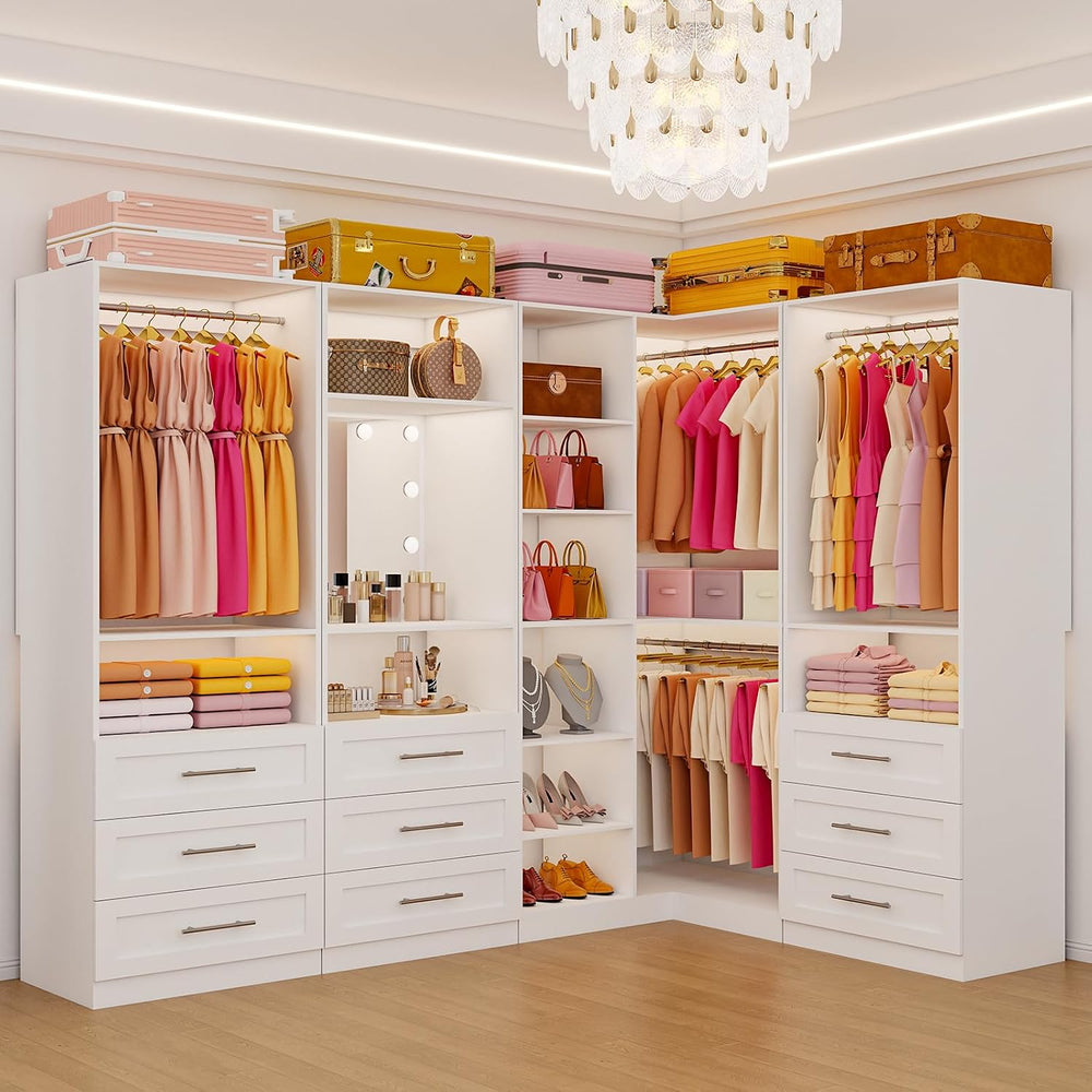 Closet System with 9 Wood Drawers, Corner Closet System with LED Mirror, Walk...