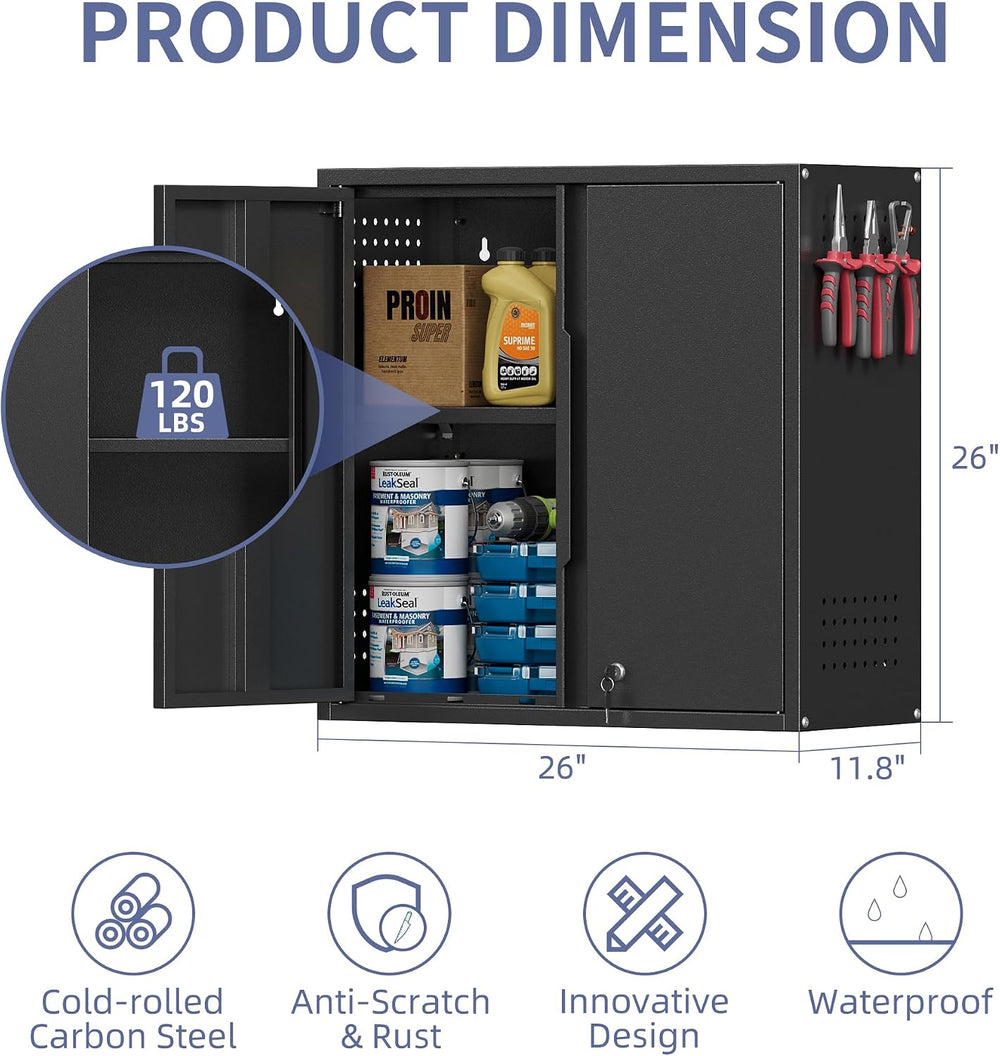 Garage Wall Cabinet,26”W Metal Wall Cabinet with Locking Doors and Handle,Wal...
