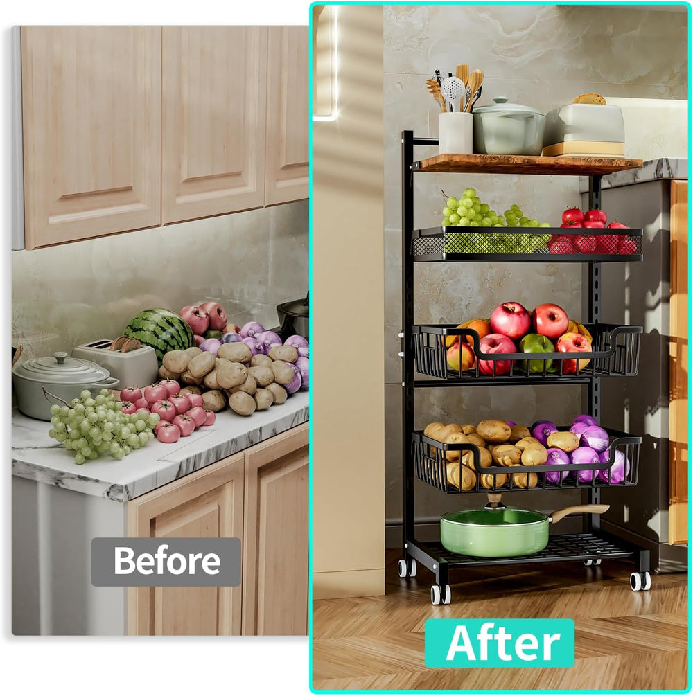 HapiRm Fruit Basket Kitchen Cart - Floor 5 Tier Adjustable Fruit and Vegetabl...