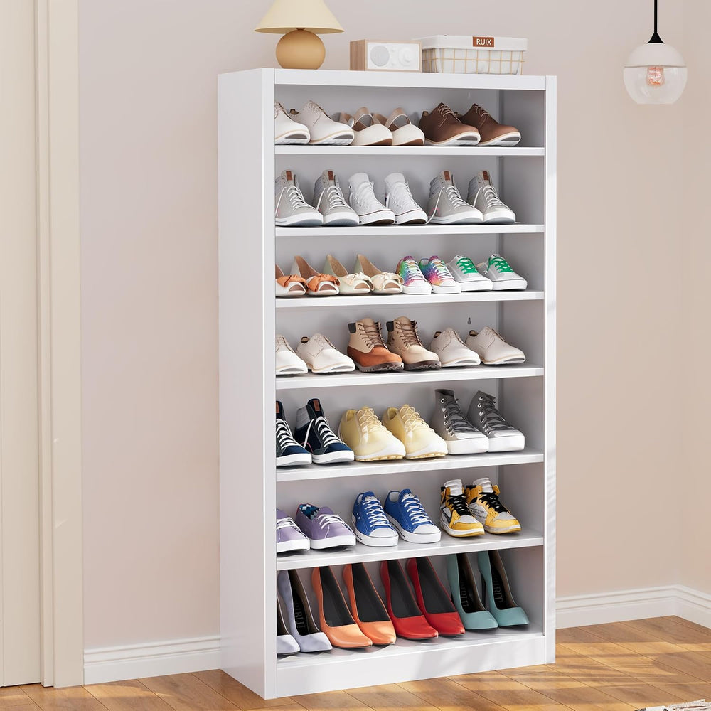 55" Metal Shoe Cabinet with Back Panel, 6 Adjustable Shelves (White)