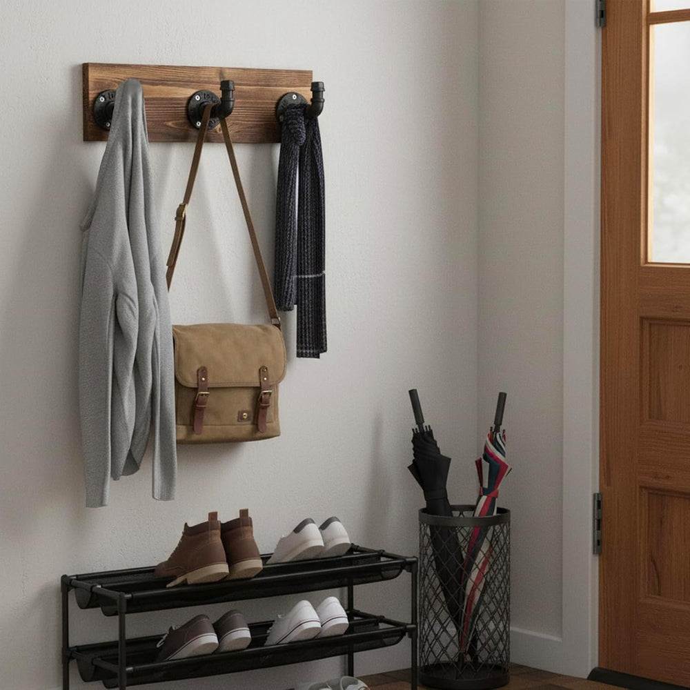MyGift Wall Mounted Burnt Wood Coat & Hat Rack with 3 Hooks, Pipe Design