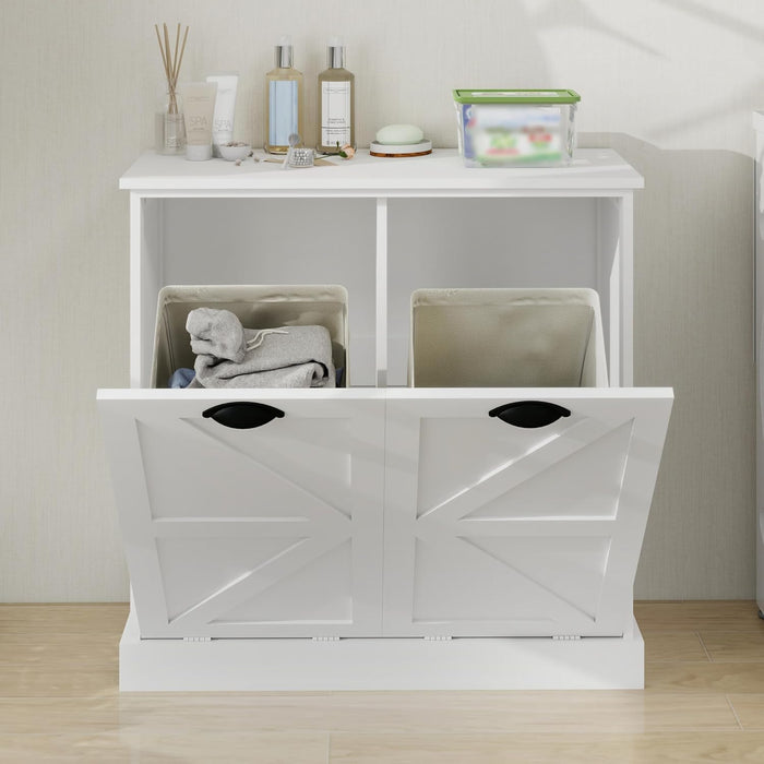 Locsear Laundry Hamper Cabinet with Removable Basket, Double Tilt Out Laundry Hamper, Wood Bathroom Storage, Free Standing Home Organizer, White
