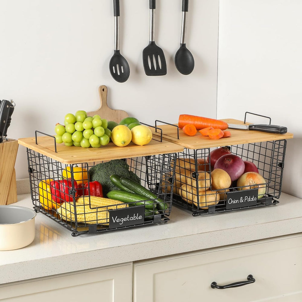 1 Set Stackable Wire Basket with Bamboo Top - Kitchen Counter, Pantry Organiz...