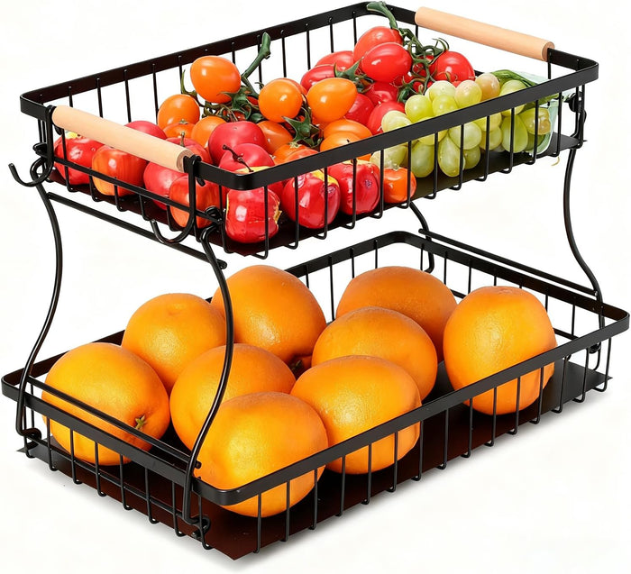 Fruit Stand Basket Storage Basket for Fruit Table 2 Tier Fruits Basket for More Space on the Plan, Keeps Vegetables Fresh Suitable for Snack Vegetables Bread Kitchen, Black