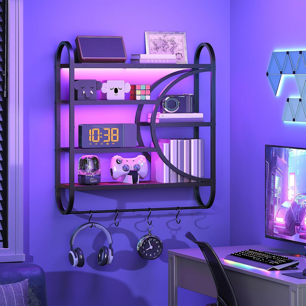 HOOBRO Gaming Floating Shelves for Wall, 28.9" LED Wall Shelf, Display Rack