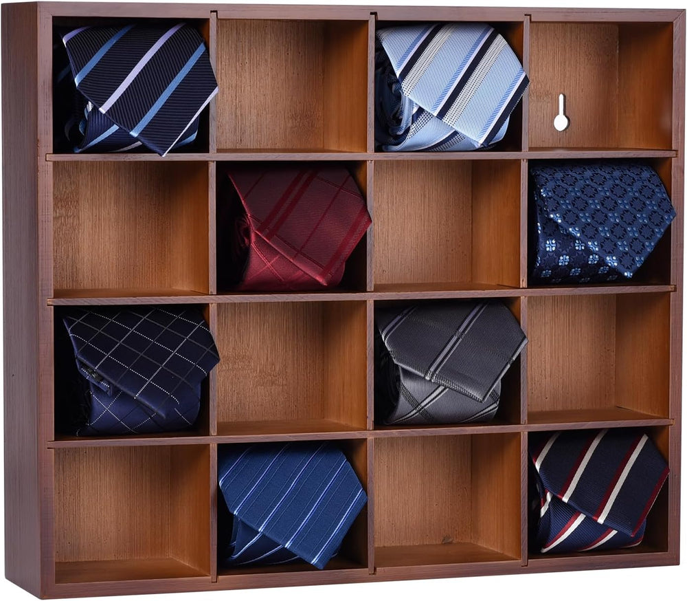 Wall Mounted Tie Rack - 16 Compartment Tie Organizer with Display Racks for B...
