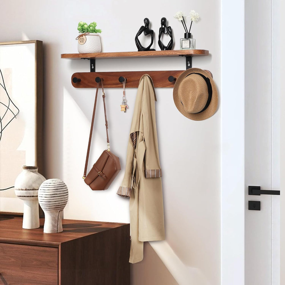 Coat Rack Wall Mount with Shelf, 22" Walnut Wood Wall Shelf with Hooks, ...