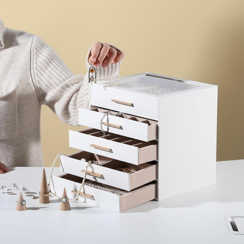 Frebeauty Jewelry Box for Women,Clear Lid Jewelry Organizer with 5 Drawers