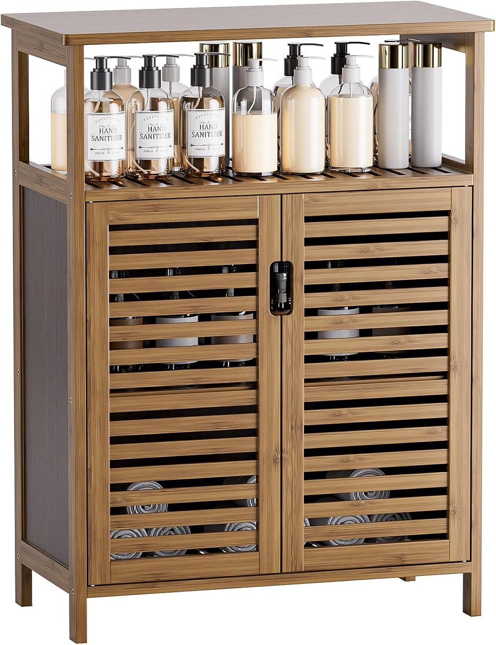 HITNET Bathroom Storage Cabinet, Bamboo Floor Cabinet with Double Doors and O...