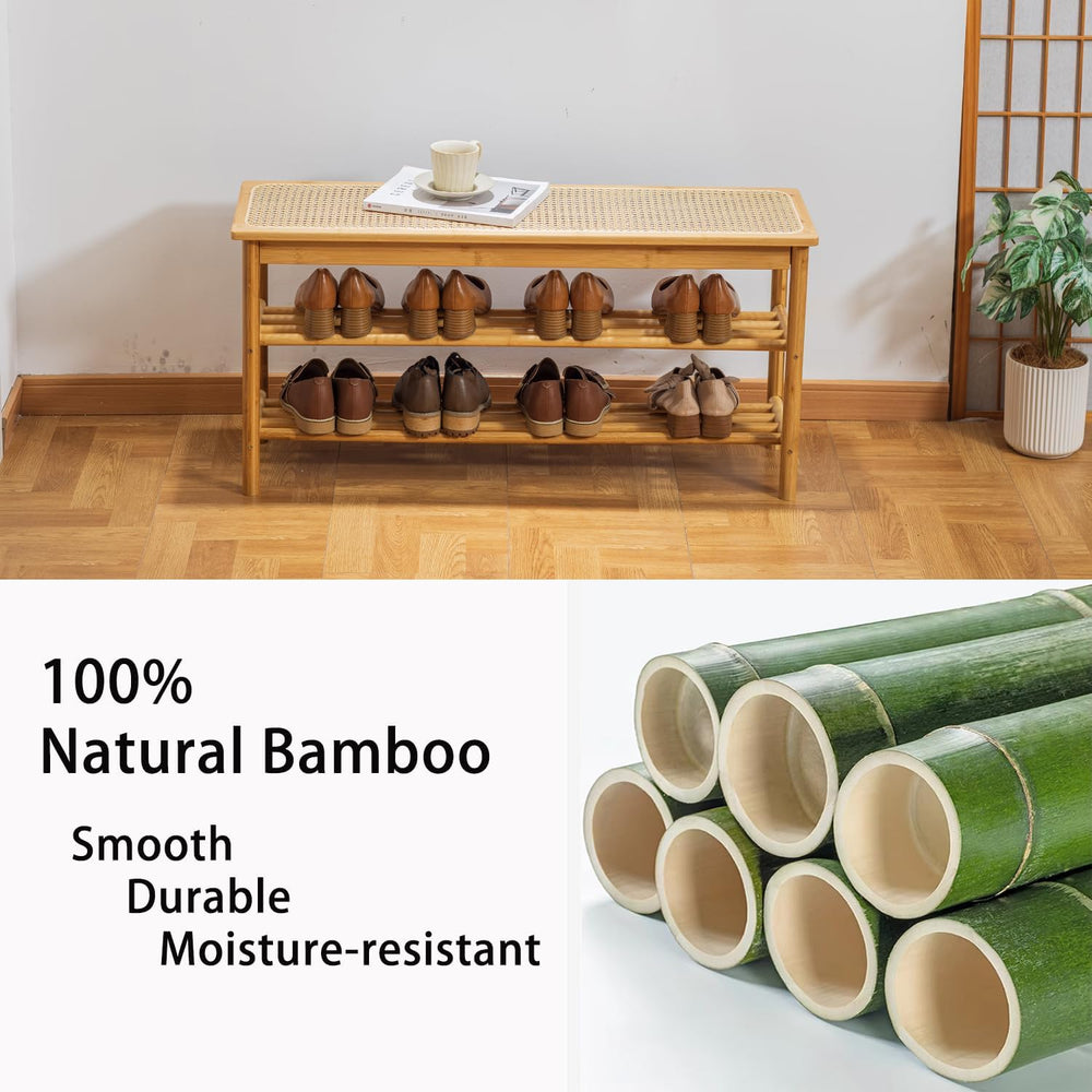latifolia Shoe Rack Bench, 3-Tier Bamboo Shoe Bench with Breathable Rattan Se...