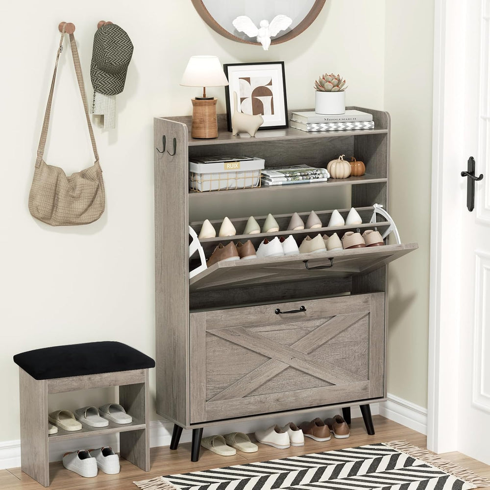 EOYUTLLY Shoe Cabinet with Bench, Shoe Organizer Cabinet with 2 Flip Drawers ...