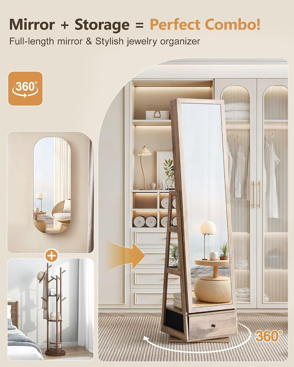 Nicetree 360° Swivel Jewelry Cabinet with Lights, Full Length Mirror, Oak