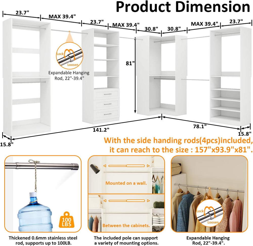 Closet Organizer System of 4 Sets with 3 Drawers, 9 Hanging Rods & 8 Shel...