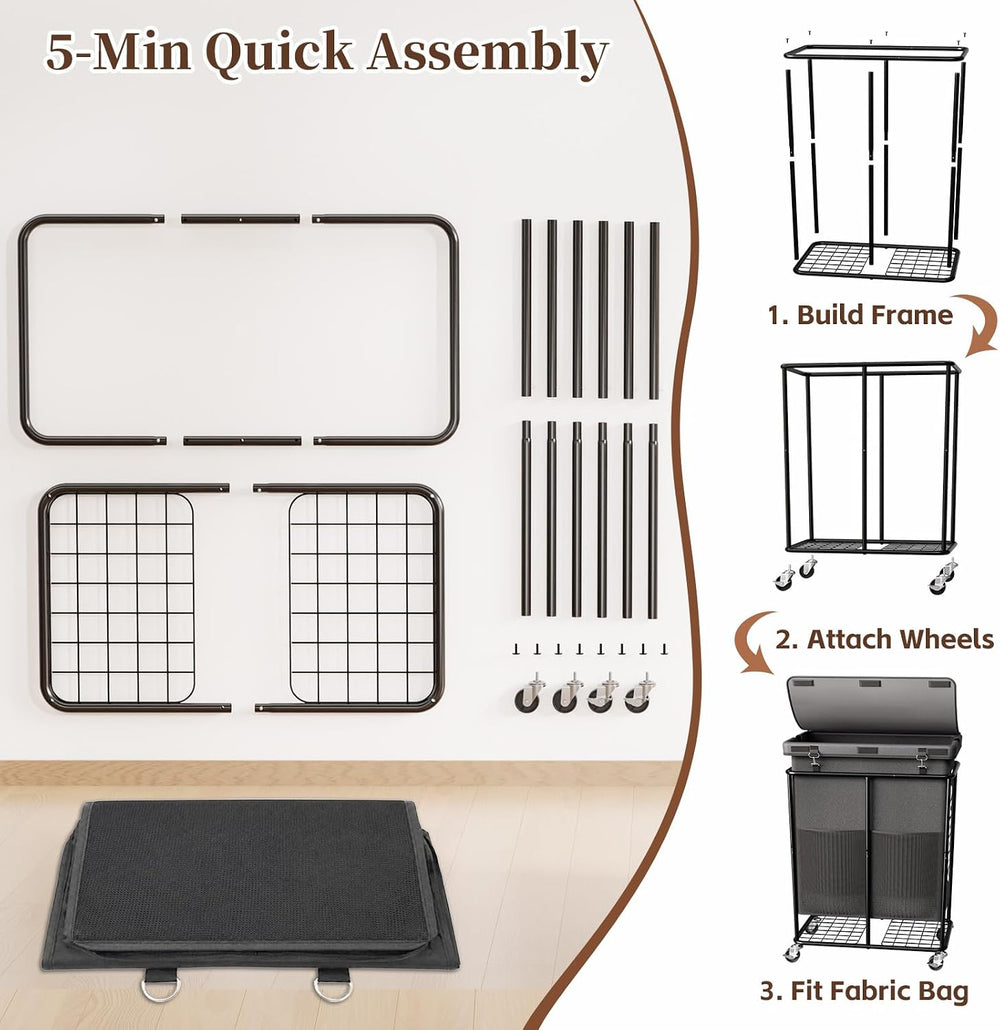 Laundry Hamper with Wheels and Lid, 225L Large Rolling Laundry Basket Gray