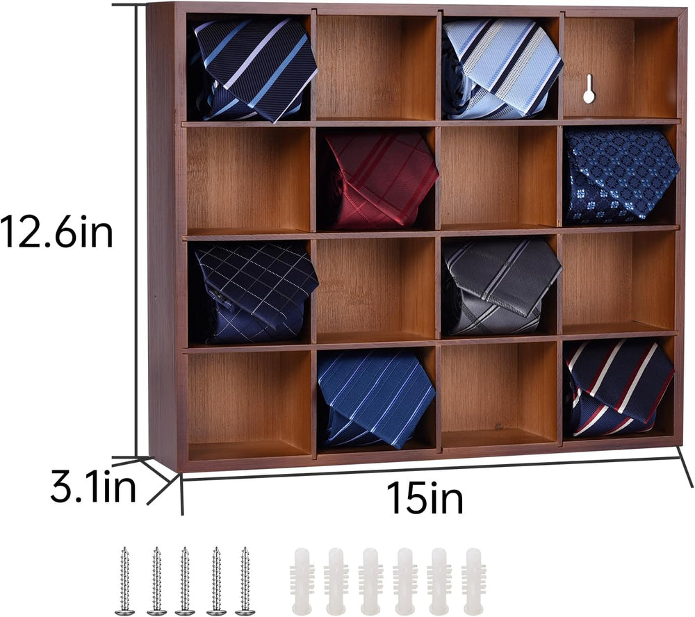 Wall Mounted Tie Rack - 16 Compartment Tie Organizer with Display Racks for B...
