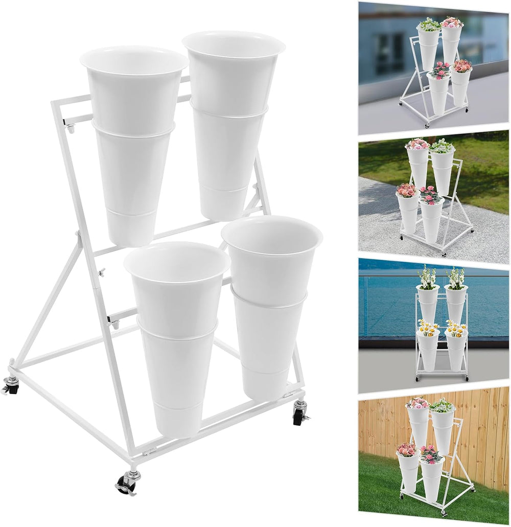 Flower Display Stand with 6 Buckets, Movable Plant Display Stand on Wheels fo...