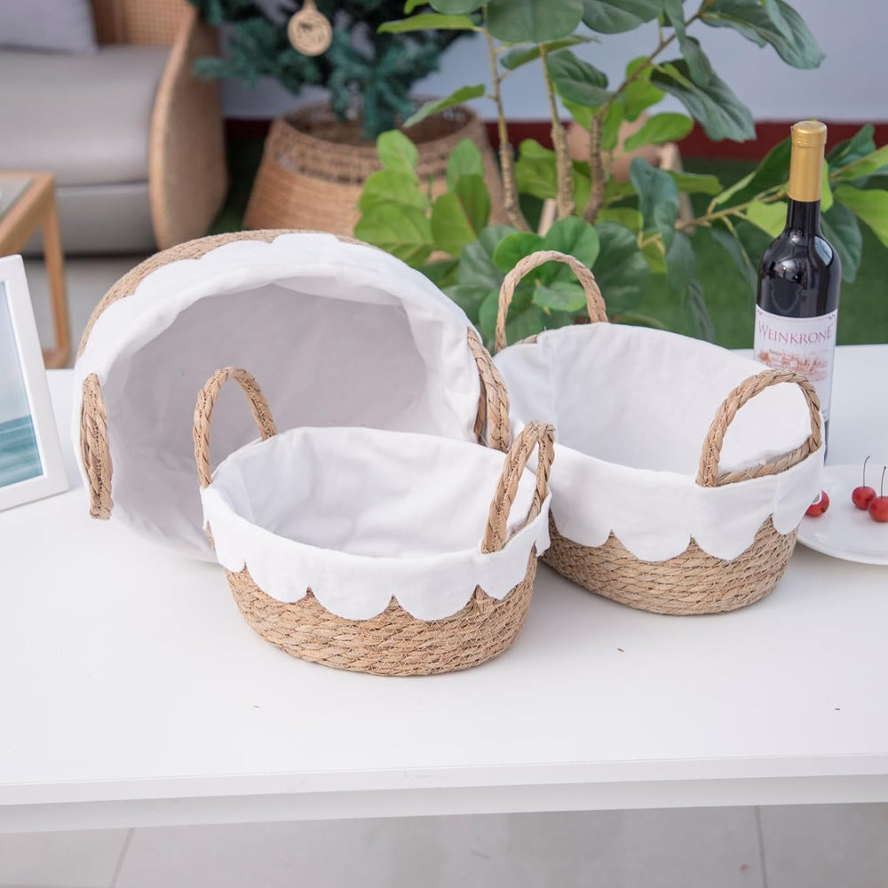 Scalloped Wicker Storage basket organizing for bread,Set of 3