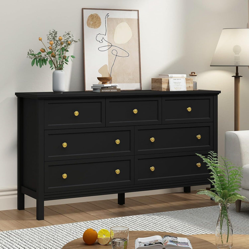 CARPETNAL 55" Black Dresser for Bedroom, 7 Drawer Black and Gold Dresser...