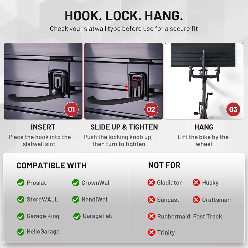 Locking Slatwall Bike Hooks, Heavy Duty Bicycle Hanger with PVC Coating, Wall...