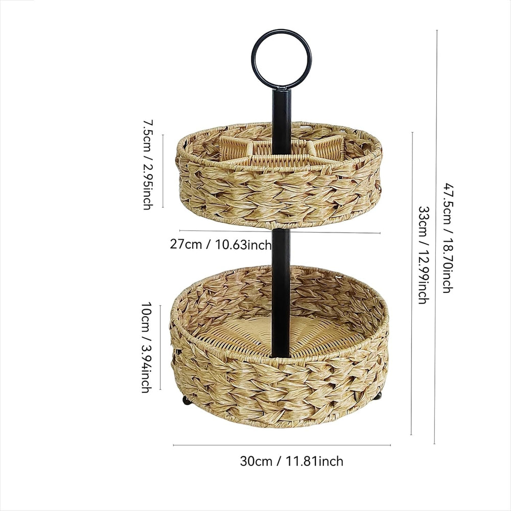 2-Tier Round Faux Rattan Wicker Storage Basket with Metal Frame, Countertop O...