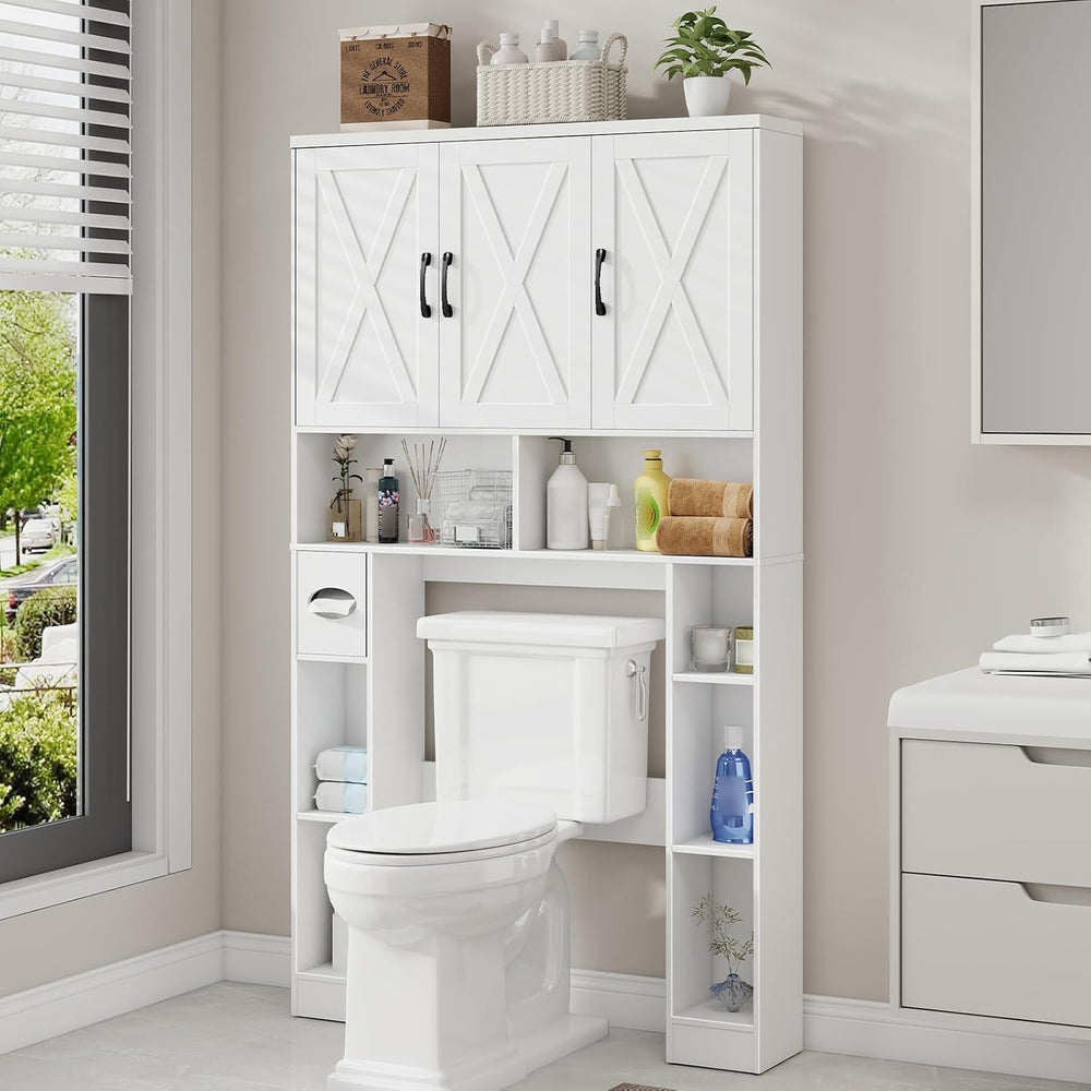 Vabches Over The Toilet Storage Cabinet with 3 Barn Doors.White